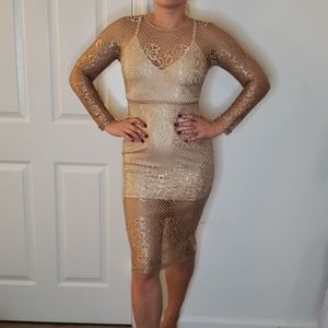 Gold, lacey midi dress, size small.